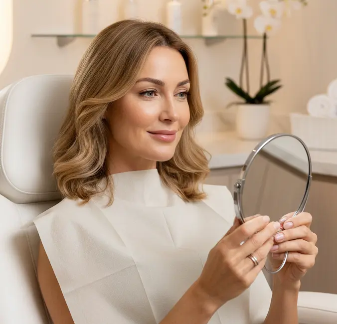 Foto de pessoa na cadeira de estética após aplicação de  